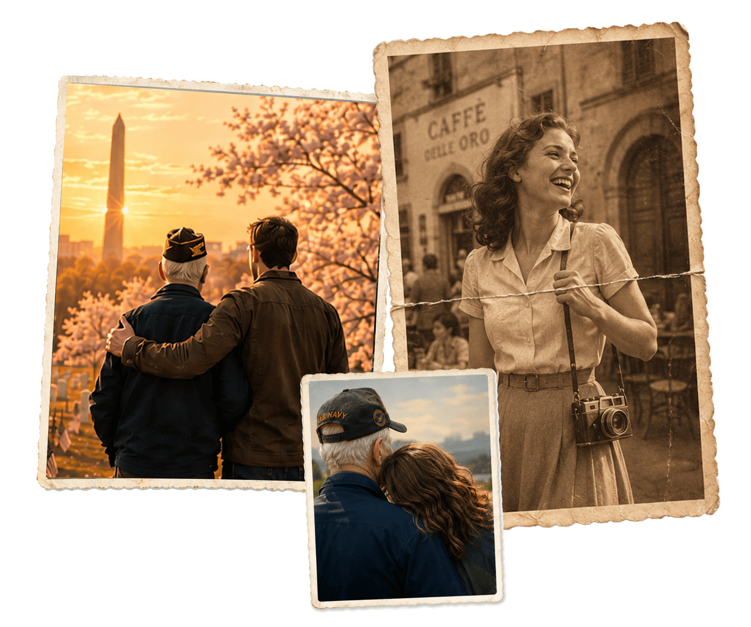 Vintage photographs: a young woman at a European cafe, cherry blossoms at the Washington Monument, and a Navy veteran with family