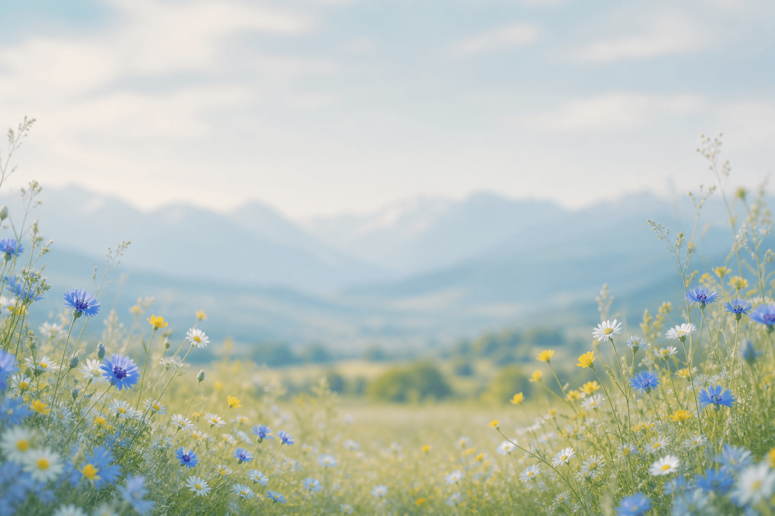 A wildflower meadow with distant blue mountains
